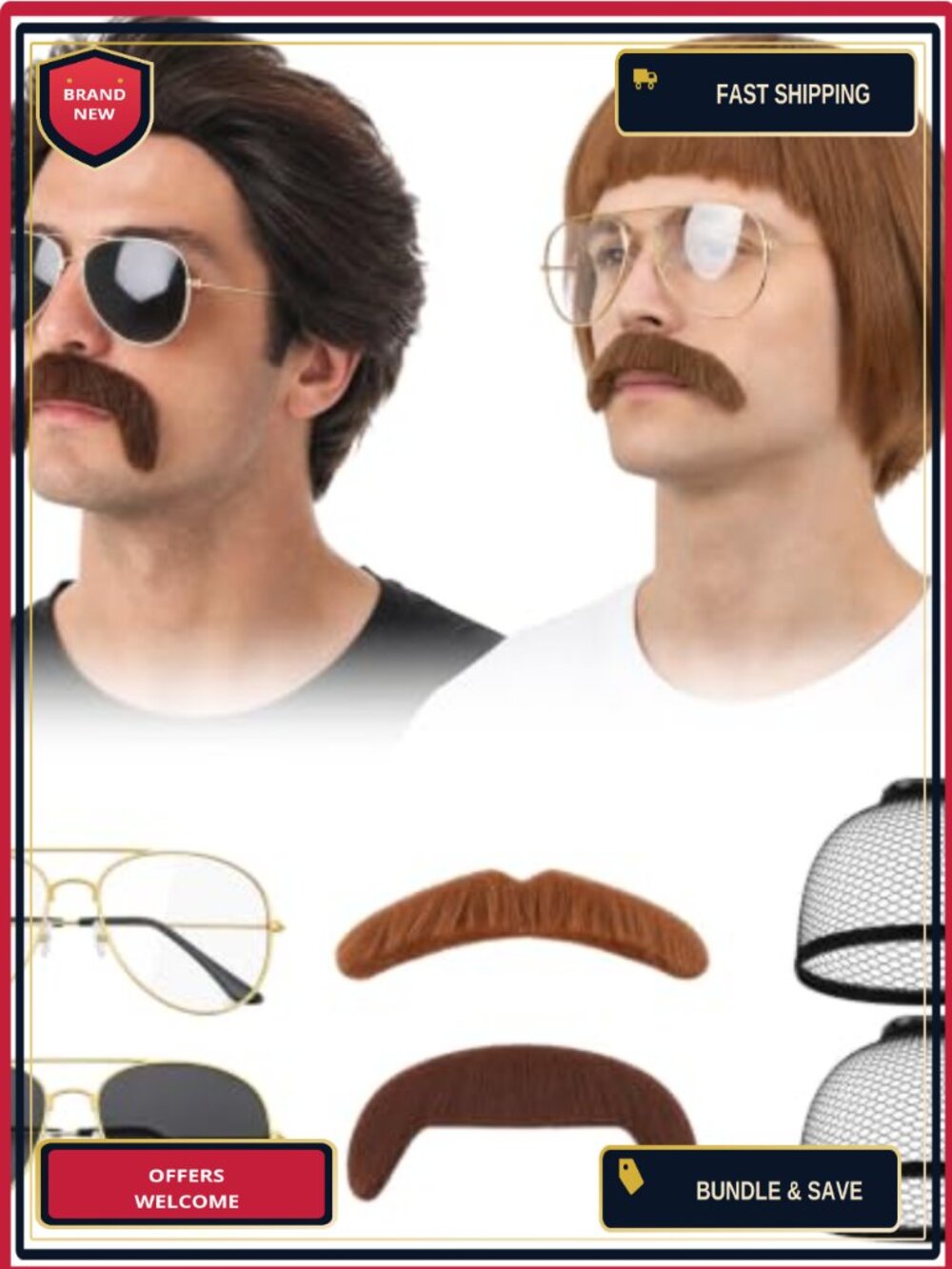 2 Set Funny Wigs for Men Short Brown Bowl Cut Mens Costume Wigs